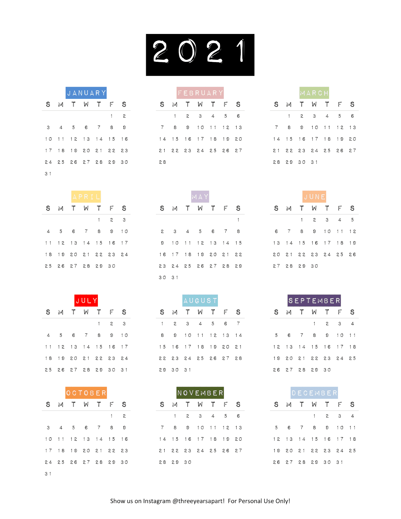 2021 Yearly Calendar Free Printable Bullet Journal And Planner Free Download Year at a Glance Future Log 3 Years Apart