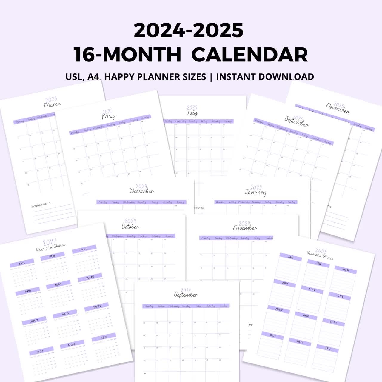 2024 2025 16 month Calendar 2024 Wall Calendar 2025 Calendar Year Calendar Monthly Calendar Printable Desk Calendar Year at a glance Etsy
