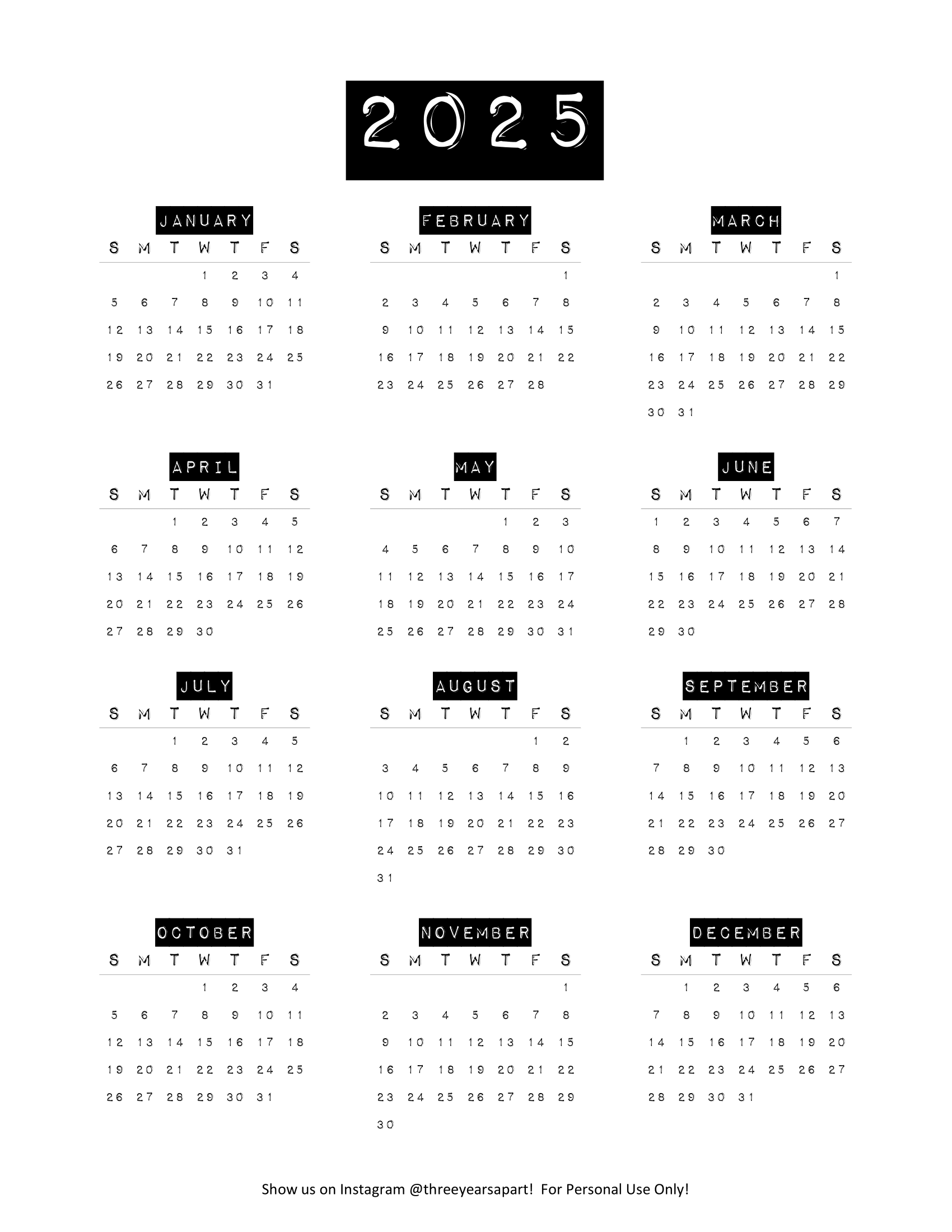 2025 Calendar Free Printable Bullet Journal And Planner Free Download Year at a Glance Future Log 3 Years Apart