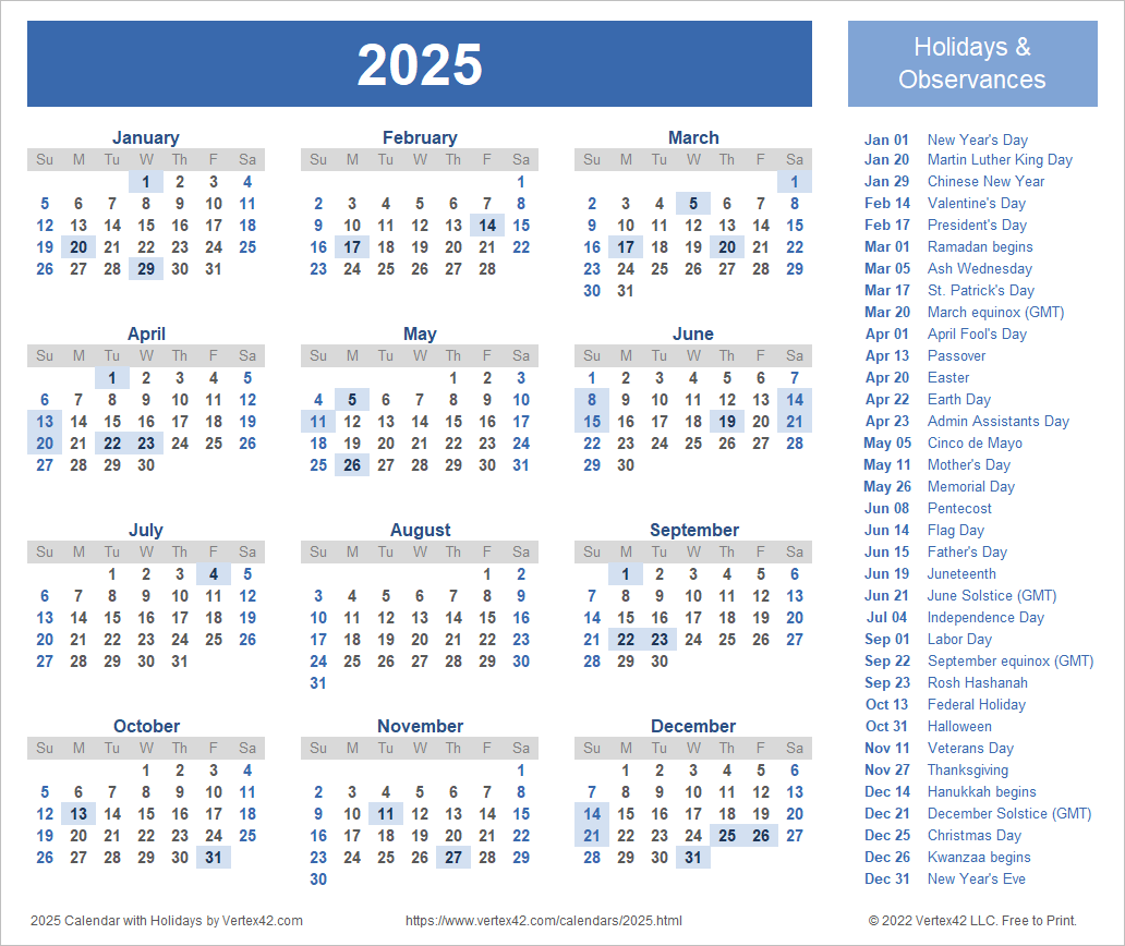 2025 Calendar 8.5 X 11 Printable Free