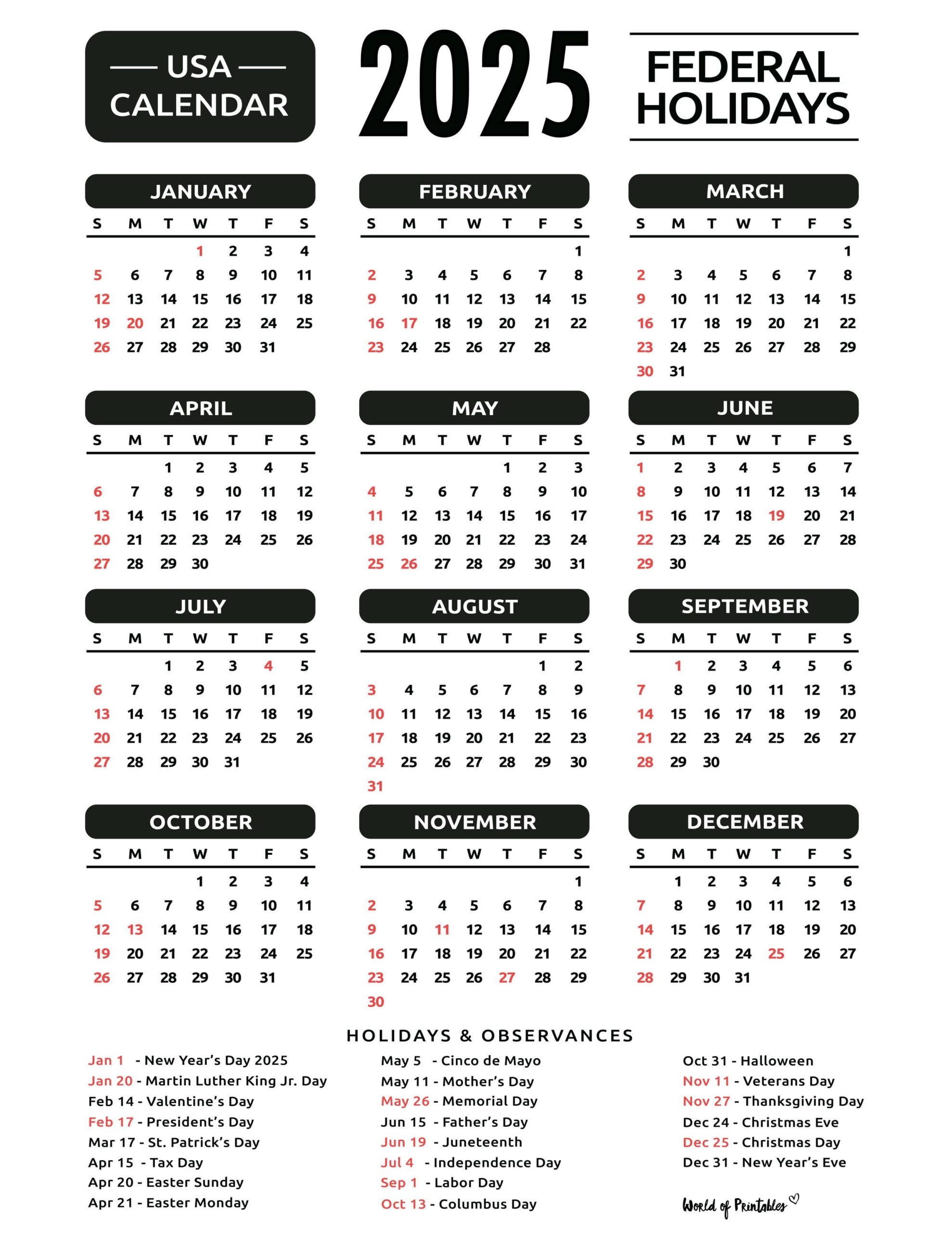Calendar 2025 With Holidays Usa Printable