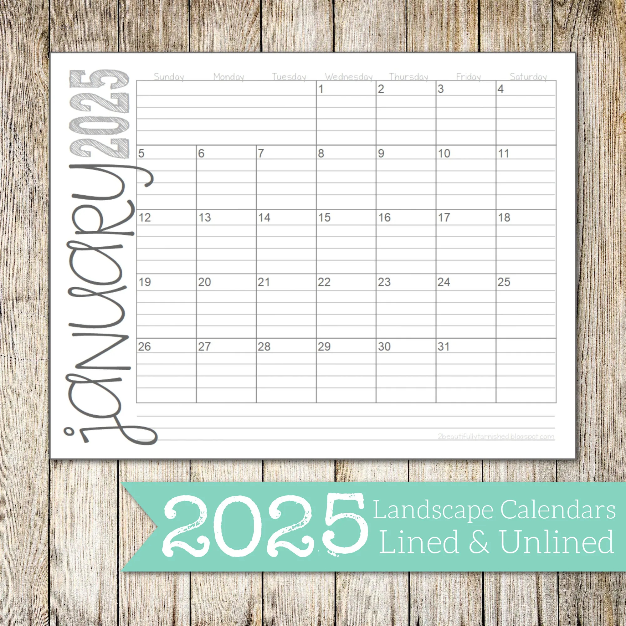 2025 landscape lined unlined monthly calendars 8 5x11 landscape jan dec pdf printable download etsy