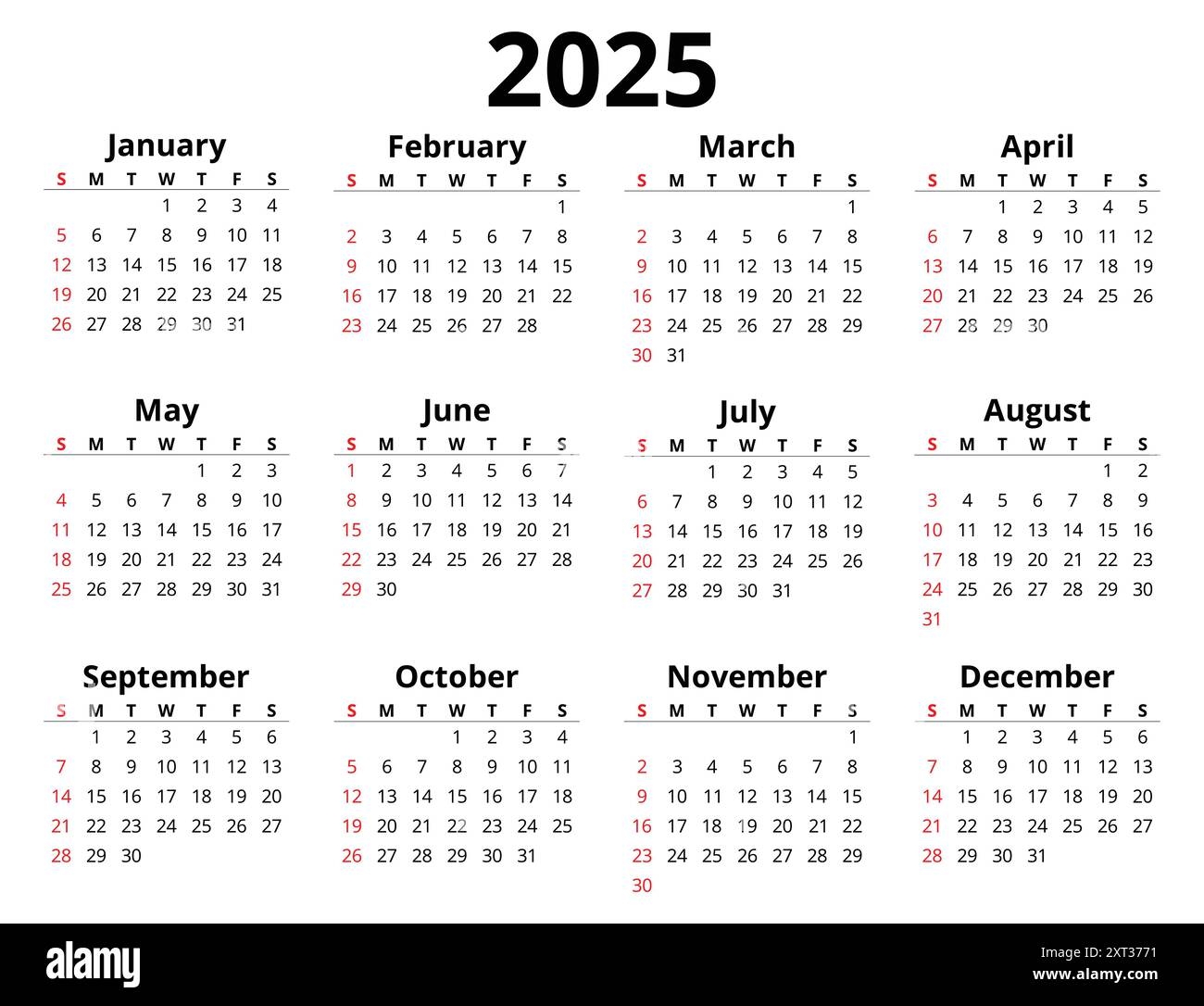 2025 Month Printable Calendar Modern Vector Horizontal Template Illustration Plan Your Year With Style Stock Vector Image Art Alamy