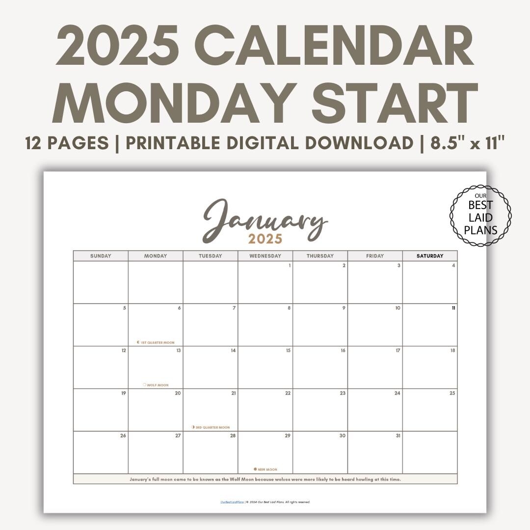 2025 Printable Calendar PDF Monday Start Calendar For 2025 Digital Download Simple Calendar For 2025 Monday Start Etsy