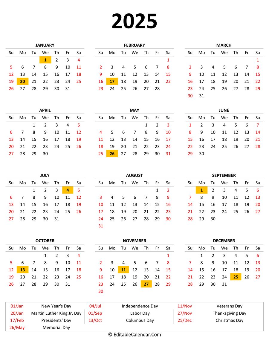 2025 Printable Calendar Portrait