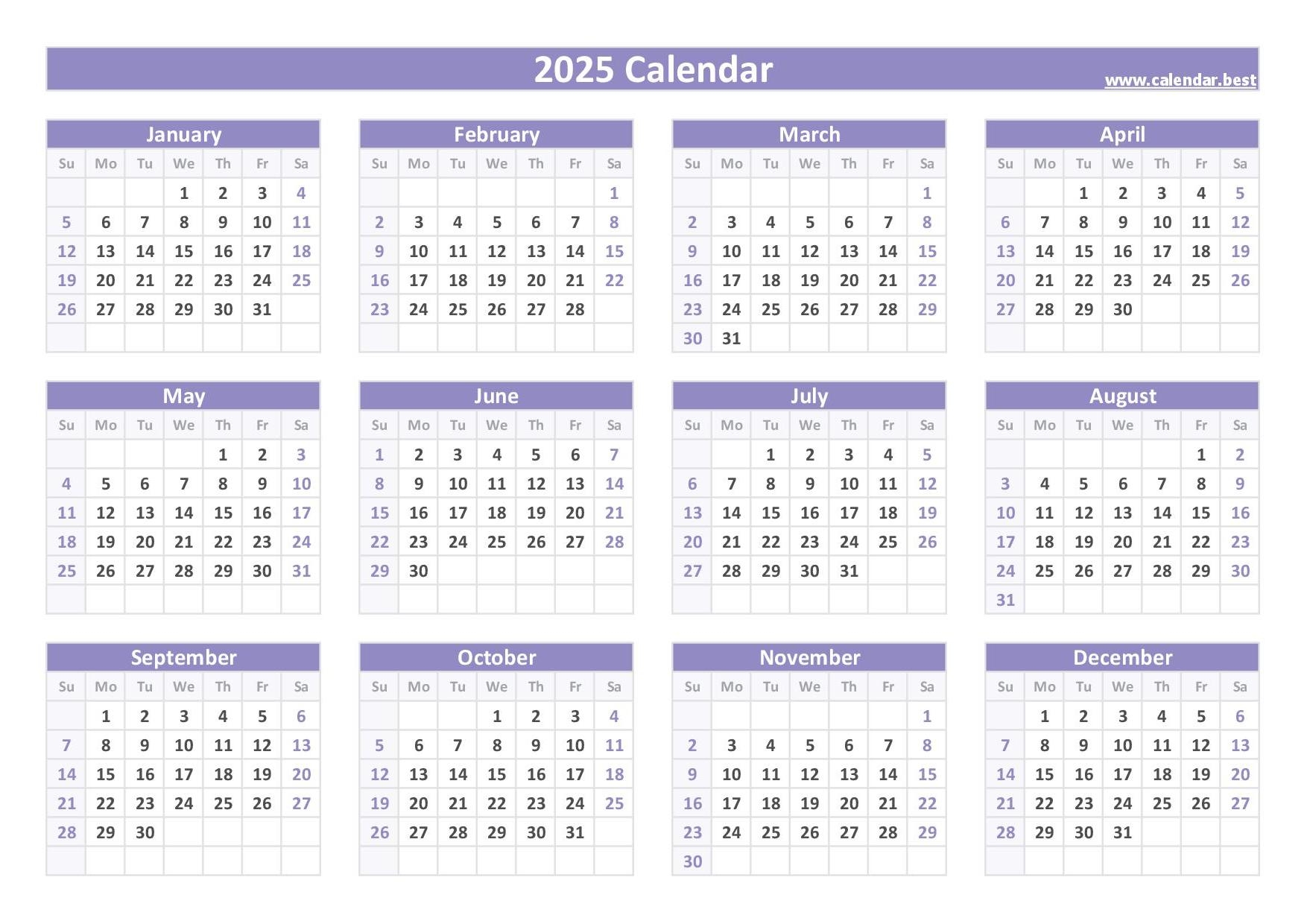 Free 2025 Printable Yearly Calendar