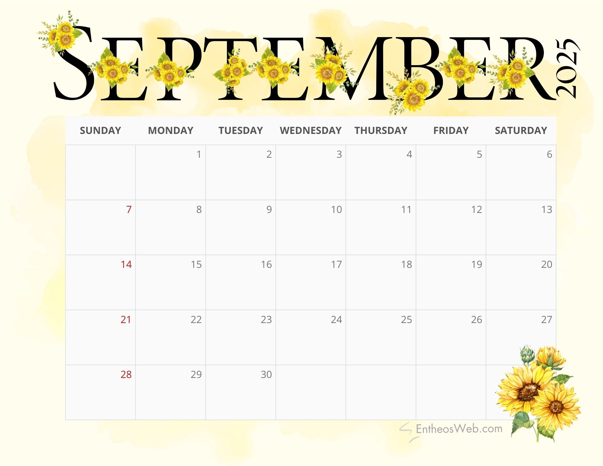 2025 Sunflowers Calendar Printable EntheosWeb