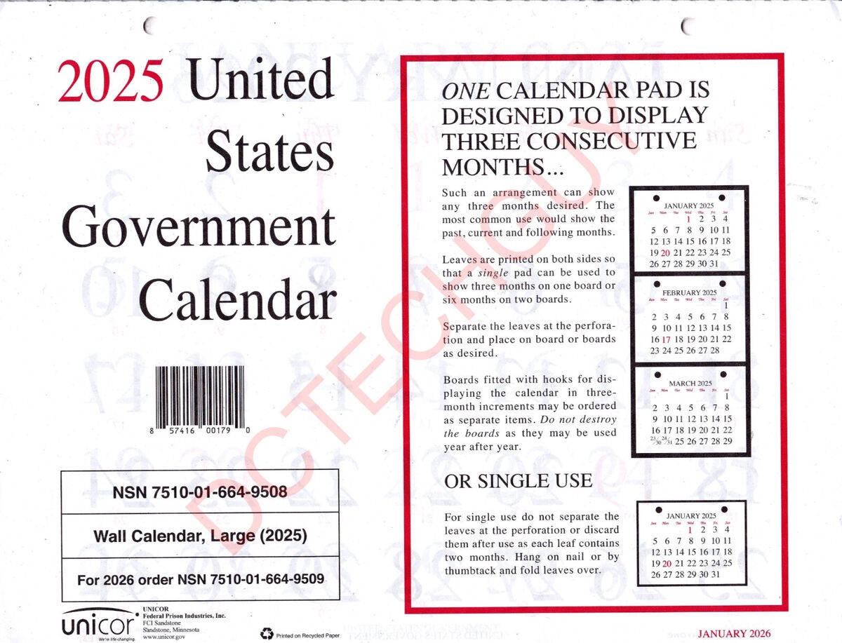 2025 US GOVERNMENT WALL CALENDAR UNICOR QTY 1 SINGLE CALENDAR SUPER FAST SHIP EBay