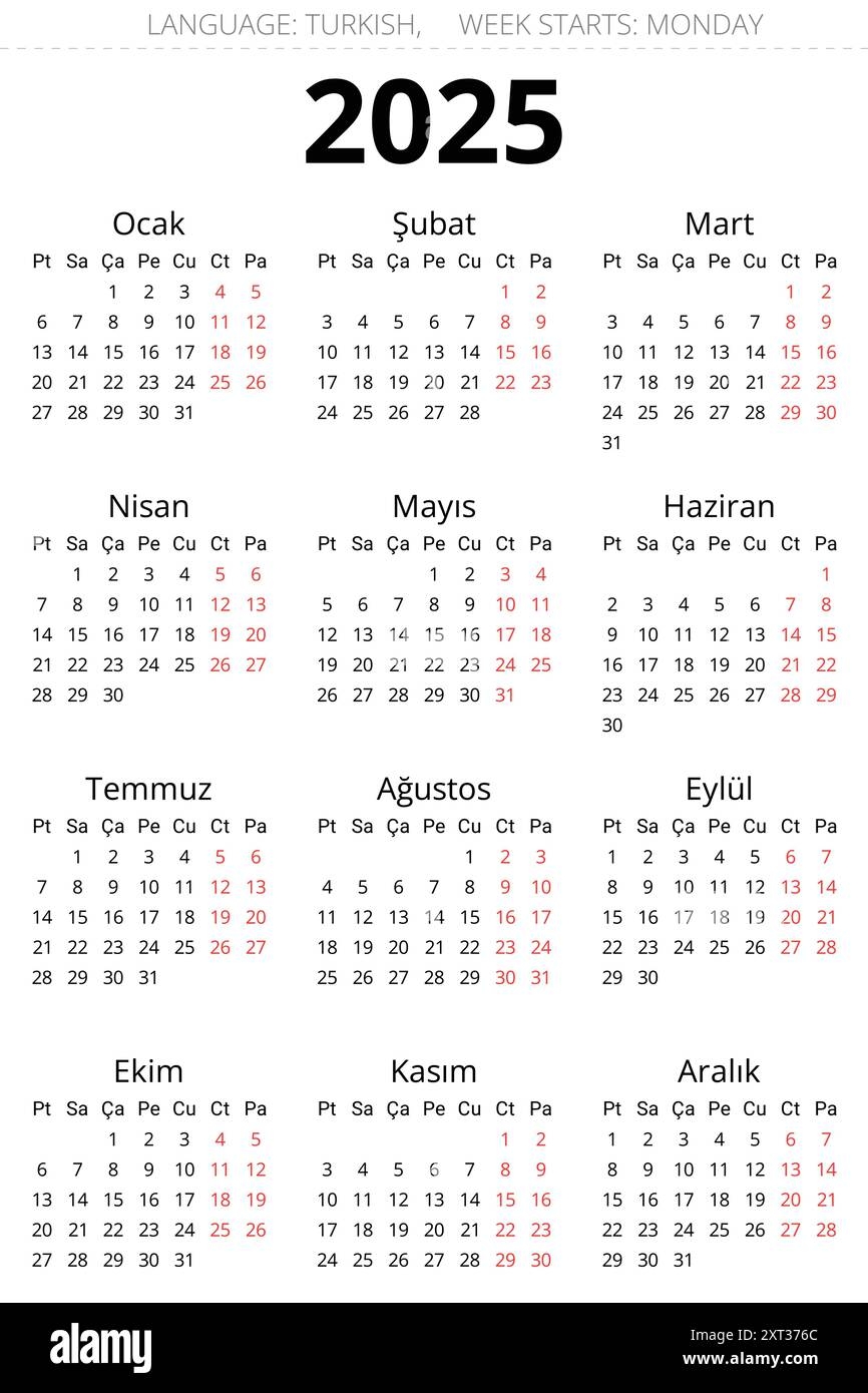 2025 Vertical Turkish Calendars Printable Vector Illustration For Turkey Plan Your Year With Calendar Vertical Style Stock Vector Image Art Alamy