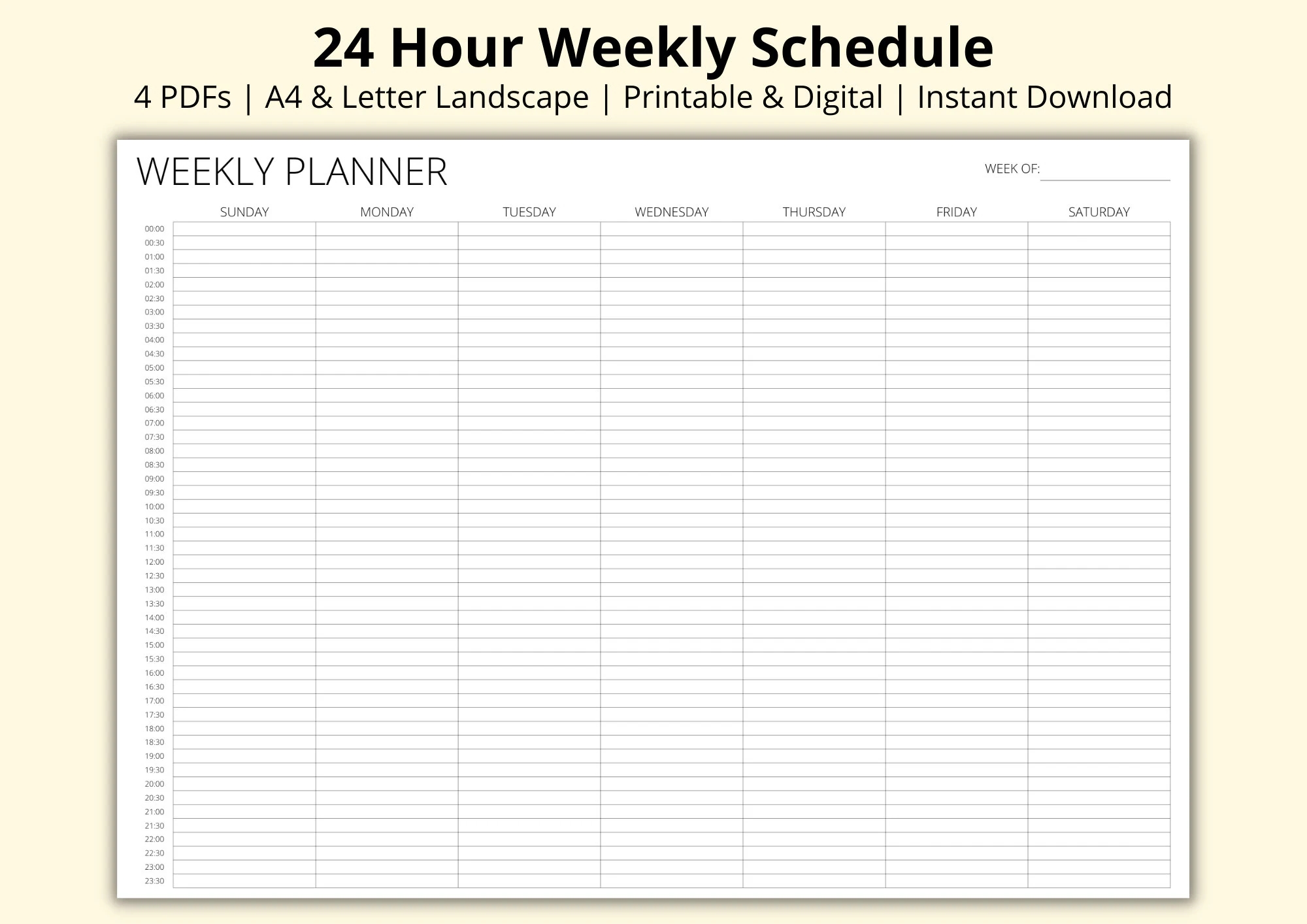 24 Hour Weekly Schedule Week At A Glance Weekly Time Blocking Planner 7 Day Timetable Landscape horizontal Printable digital A4 letter Etsy
