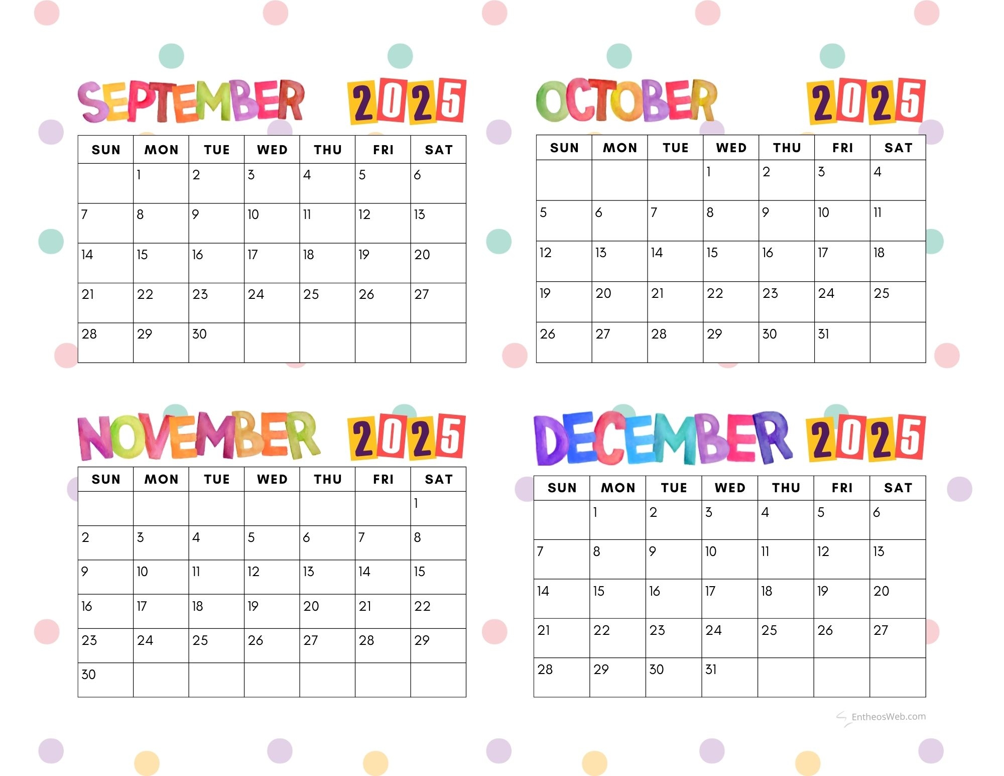 4 Month Calendar Printables September October November And December 2025 EntheosWeb