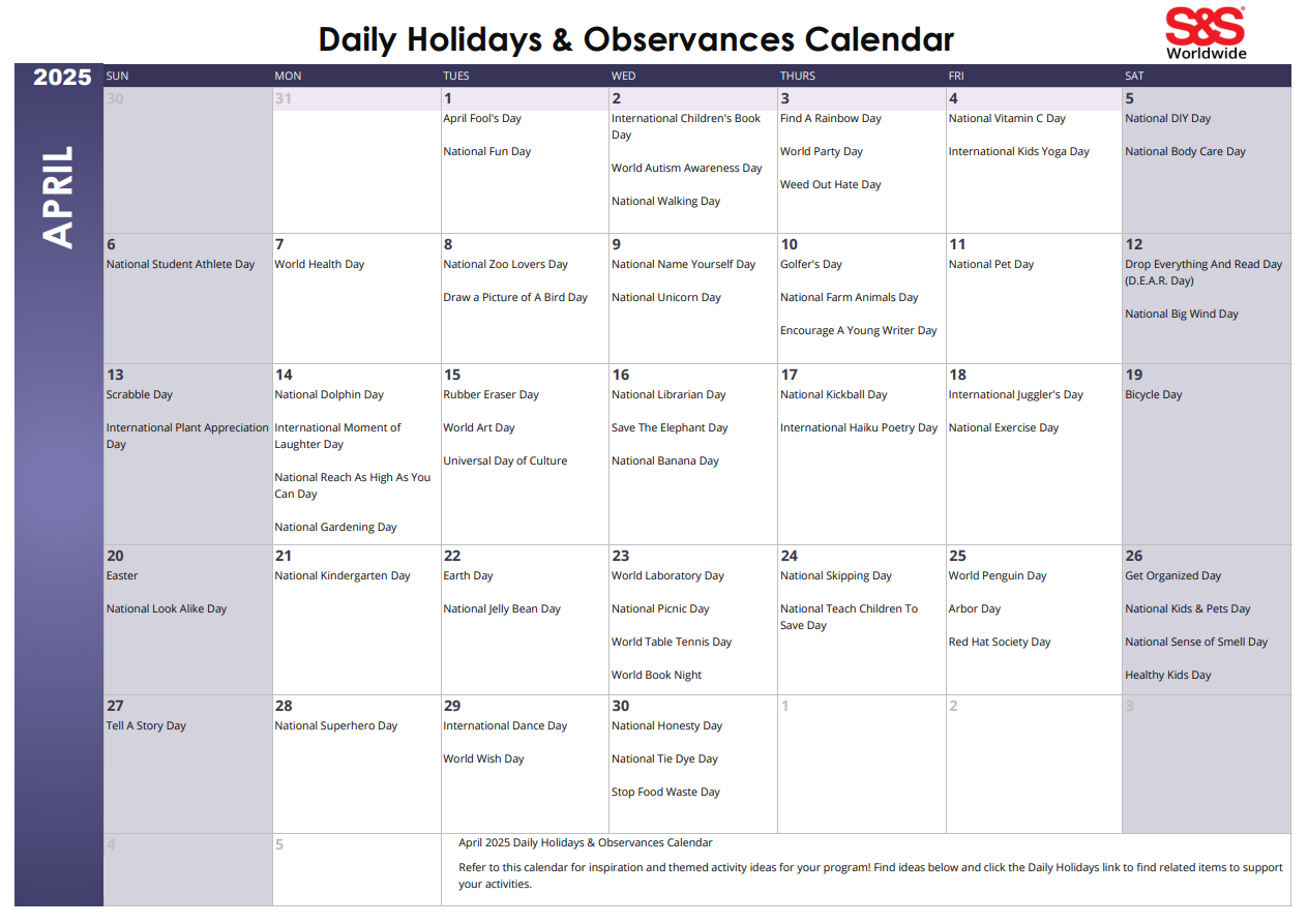 April Daily Holidays Observances Printable Calendar S S Blog April Daily Holidays Observances Printable Calendar S S Blog