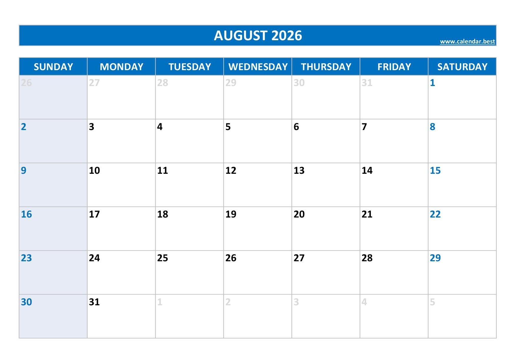 August Printable Calendar 2026 Word