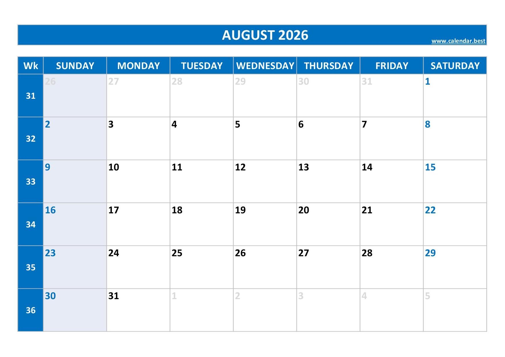 August 2026 Calendar Calendar best