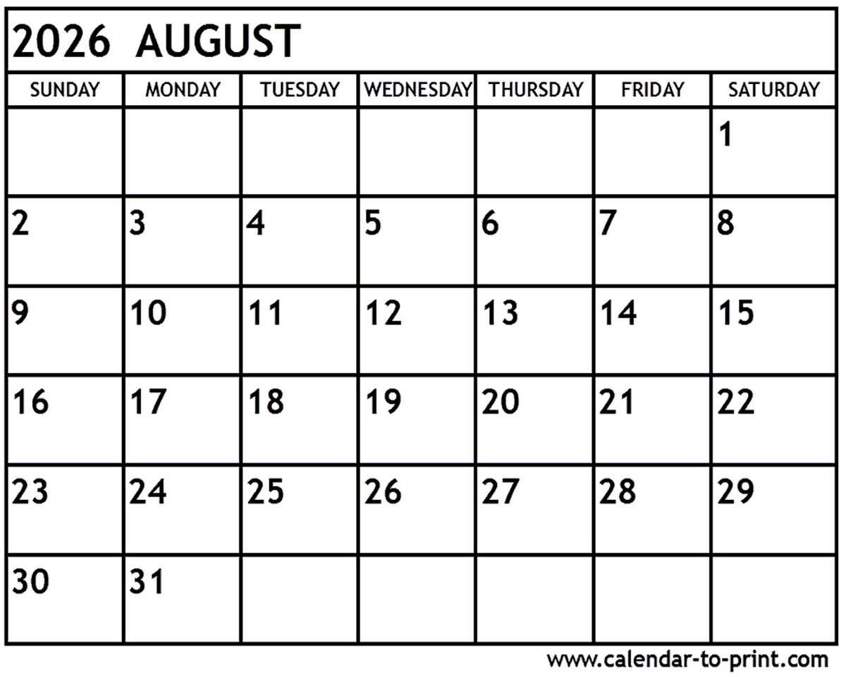 2026 Monthly August Calendar Printable Free