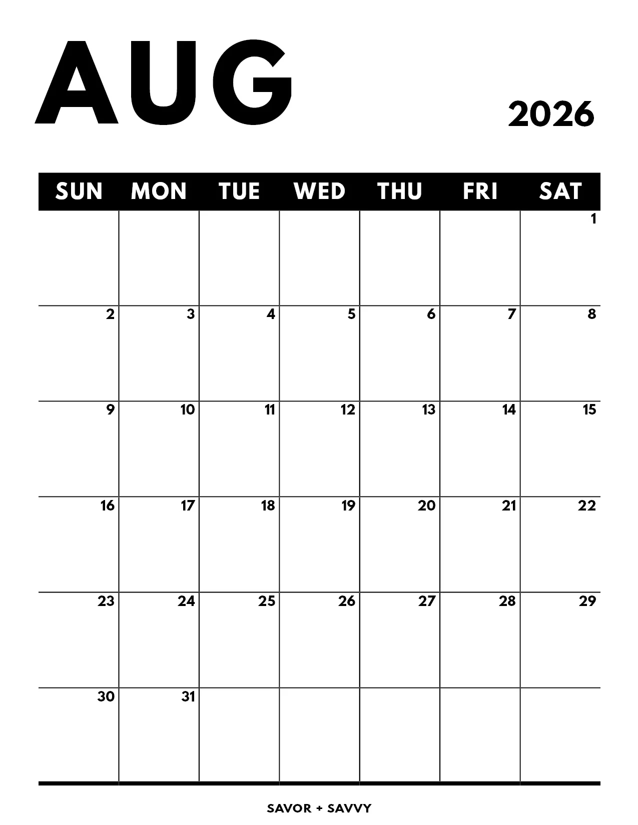 Free Printable Calendar Aug 2026