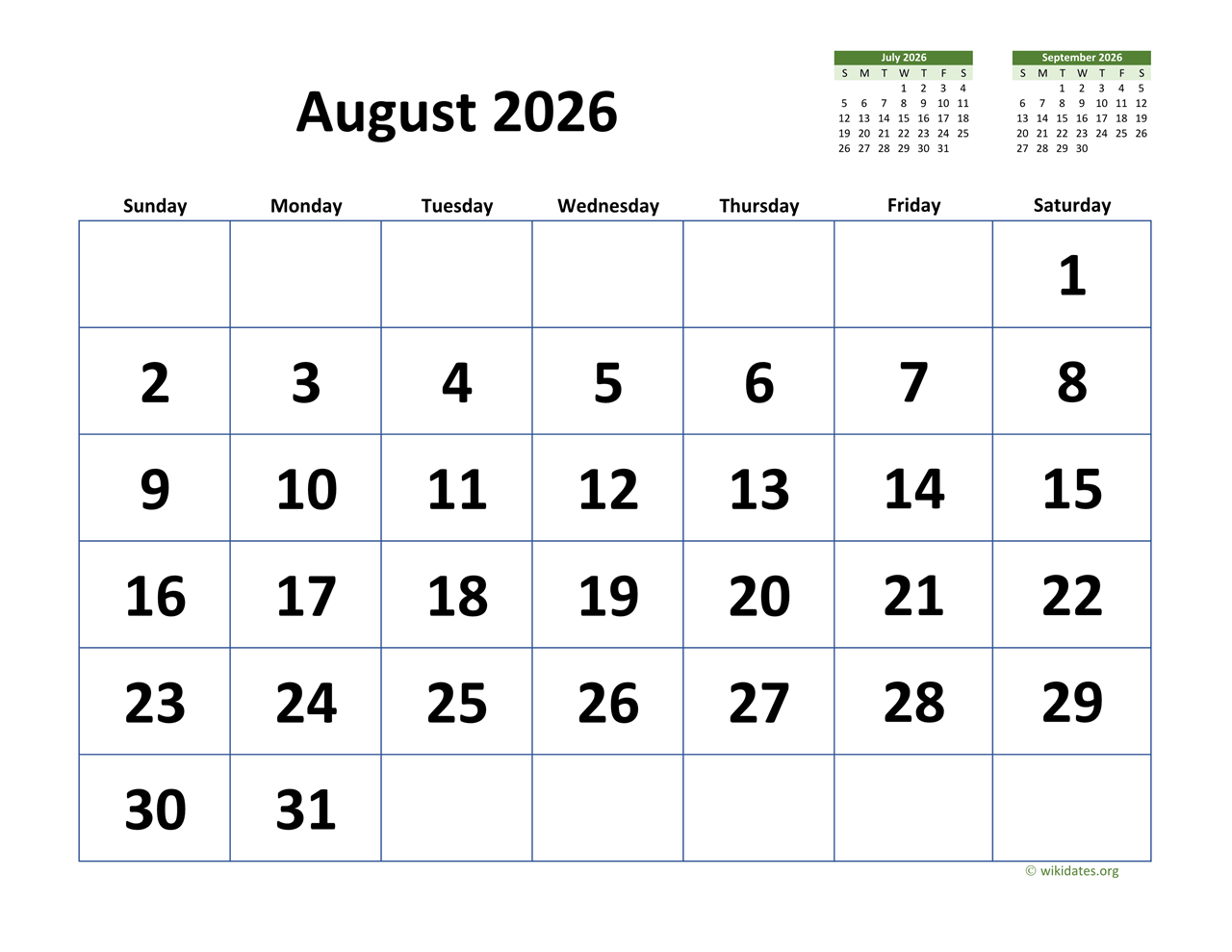 2026 August Calendar Printable