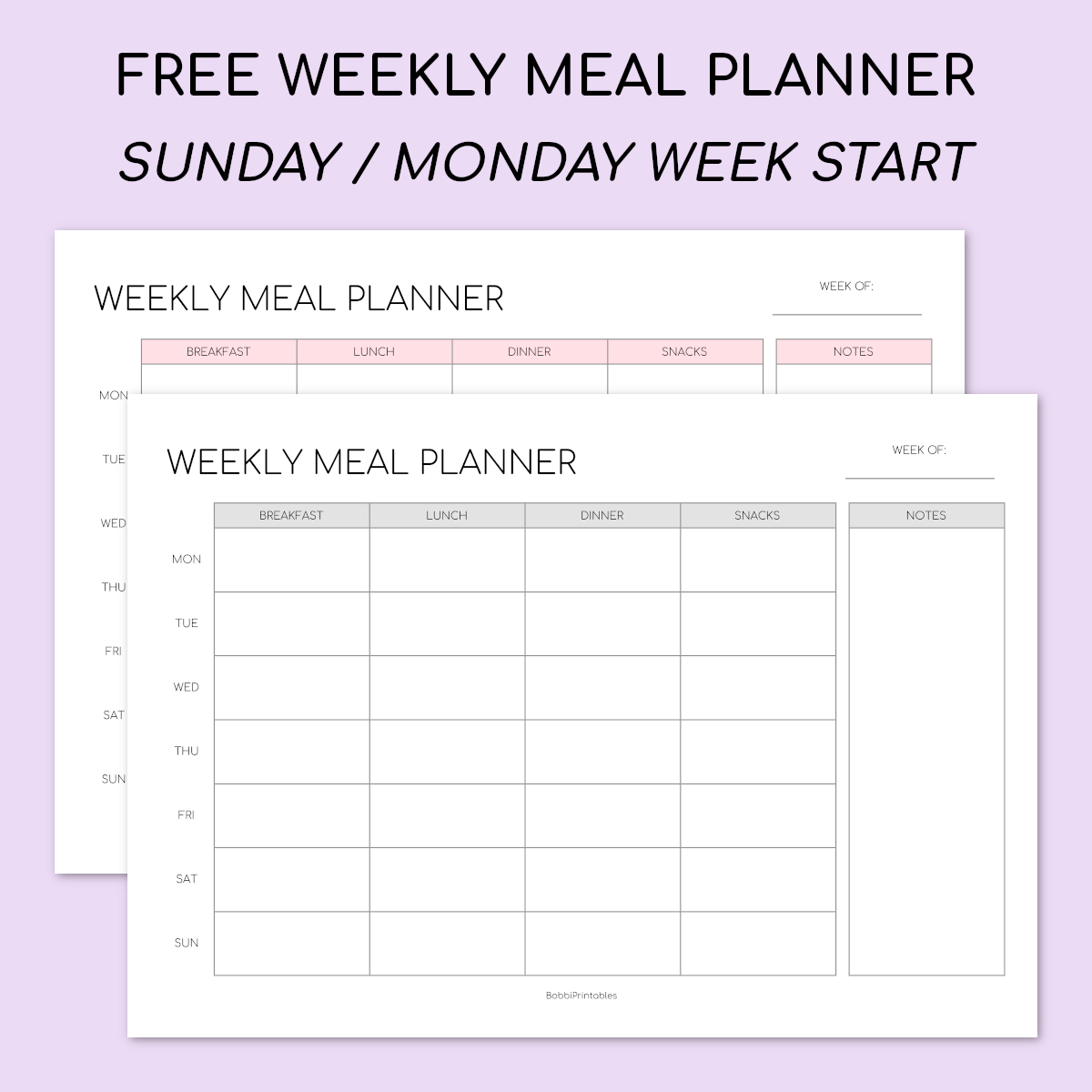 BobbiPrintables Free Printable Weekly Meal Planner Download Here