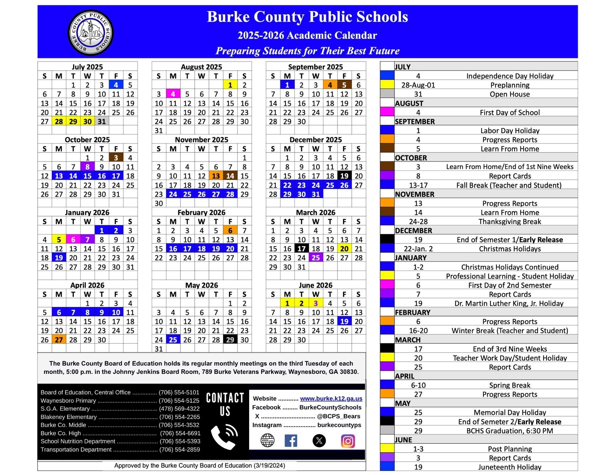 Calendar Schedule Students Parents Burke County Public Schools