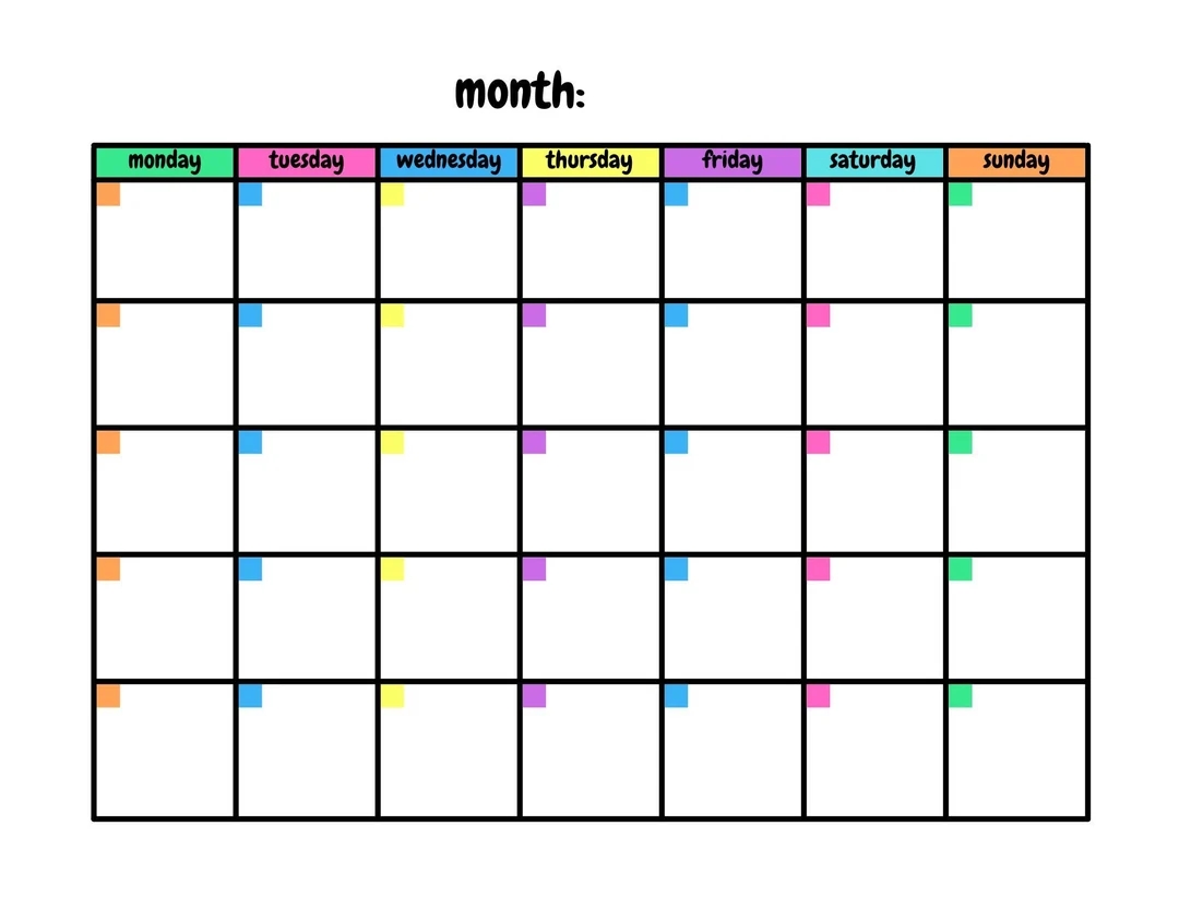 Colourful Blank Calendar Template 11 X 8 5 Inches Horizontal Printable Calendar Page PDF Printable Instant Download Etsy Colourful Blank Calendar Template 11 X 8 5 Inches Horizontal Printable Calendar Page PDF Printable Instant Download Etsy