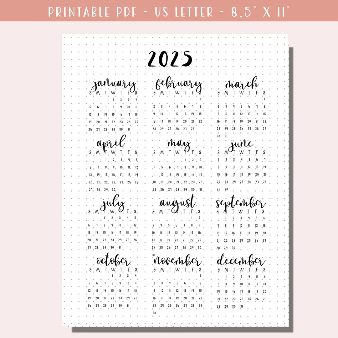 Dated 2025 Calendar Printable Planner 2025 Dotted Bullet Journal Page Monday Sunday Start A5 Journal Insert Minimalist Download Etsy