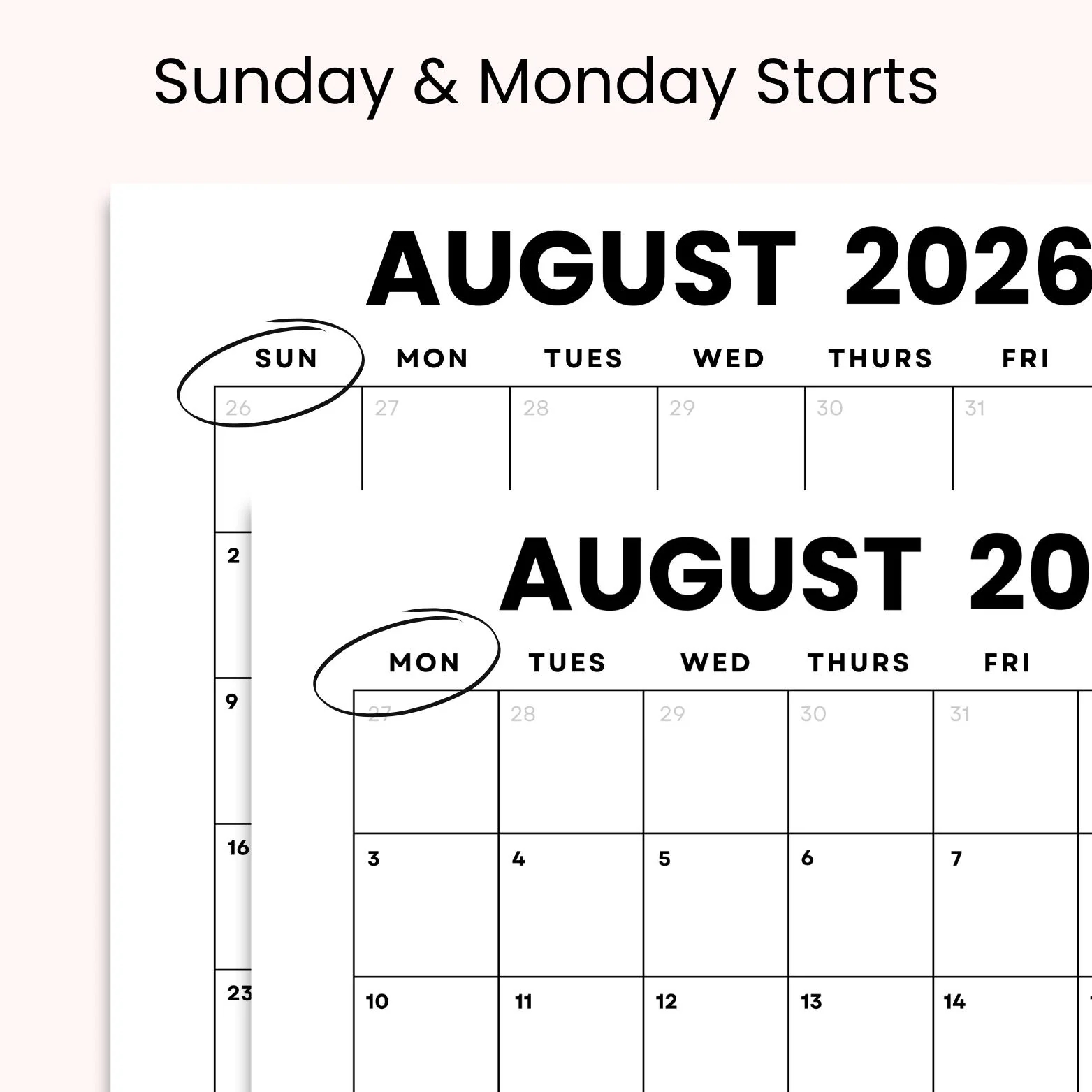 Dated August 2026 Minimalist Monthly Calendar Printable PDF Instant Digital Download Dated Monthly Planner 2026 Sunday Monday Start Etsy