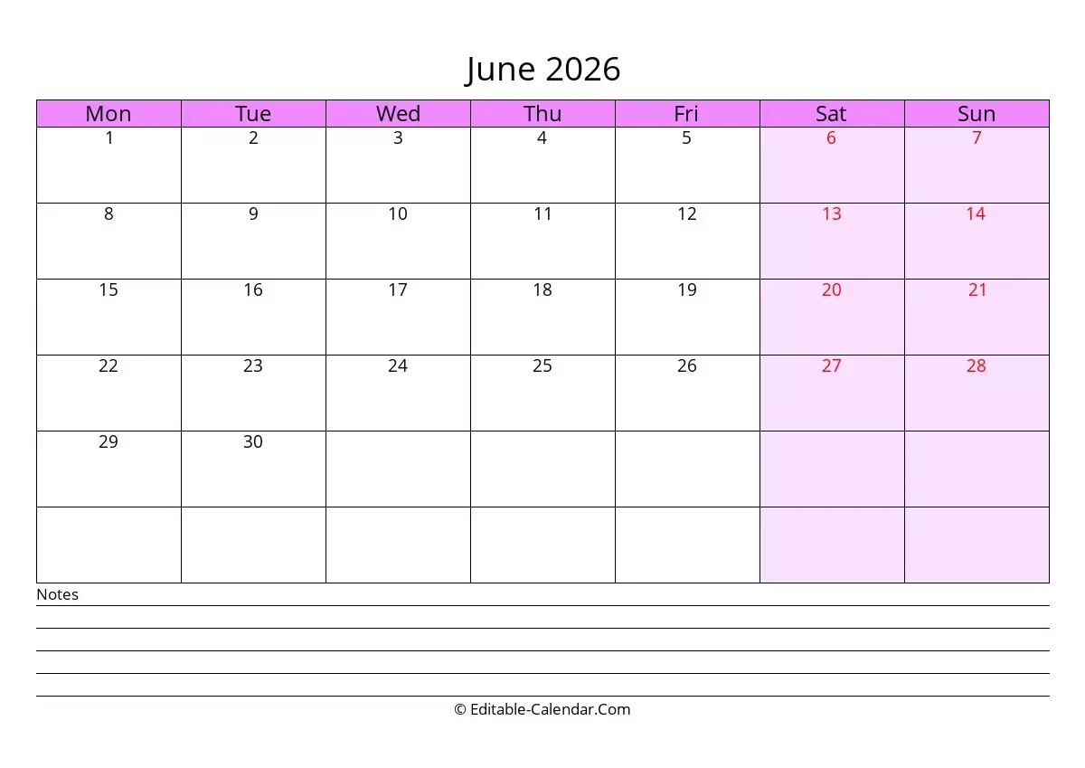 Download Editable Calendar June 2026 Monday Start