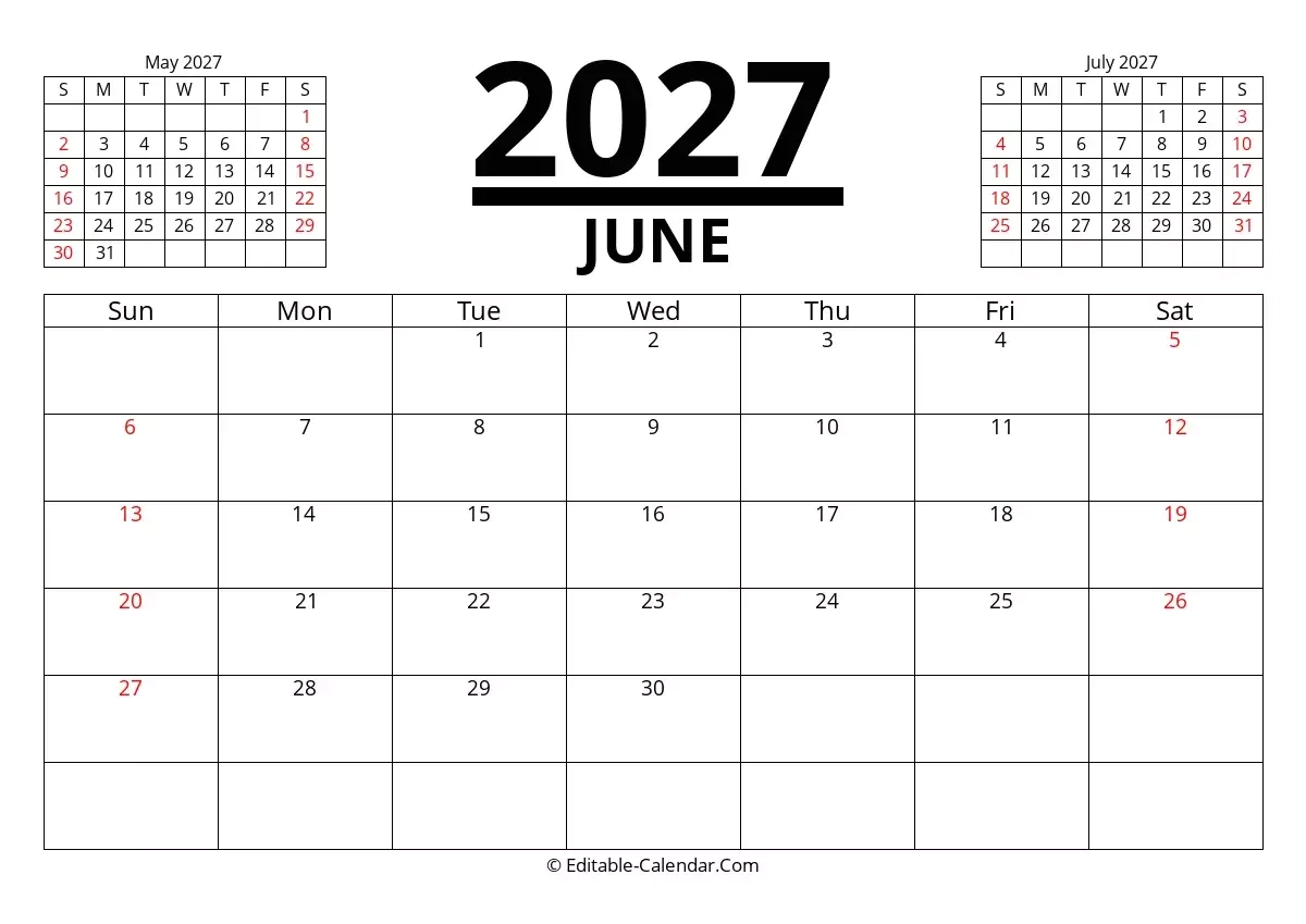 June July August Calendar 2027 Printable
