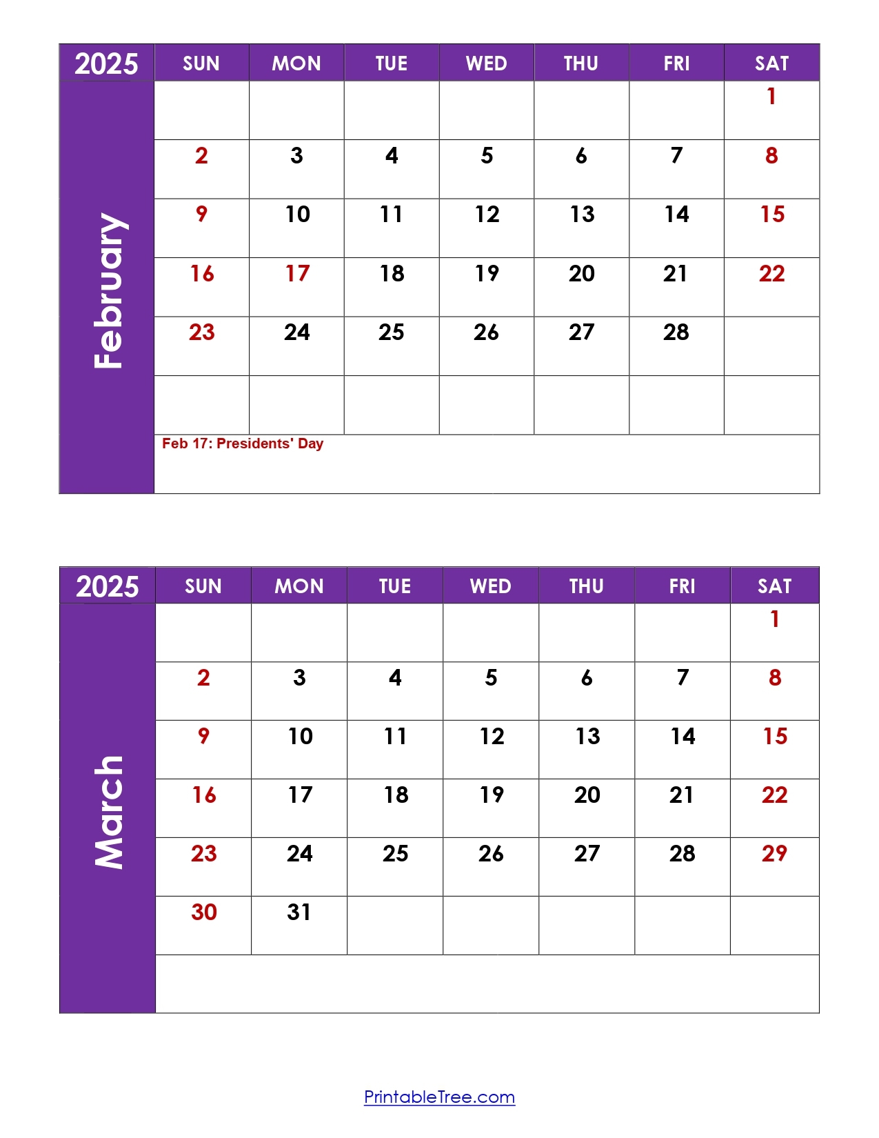 february and march 2025 calendar printable two months calendar