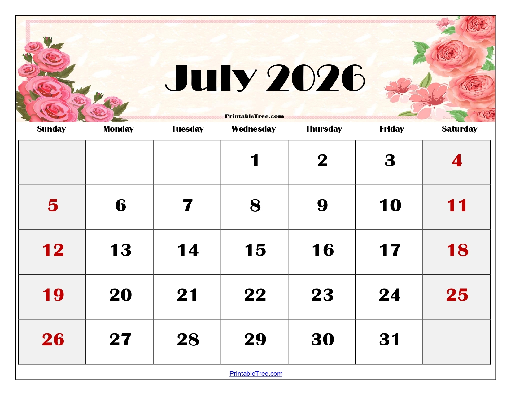 2026 Printable Calendar July