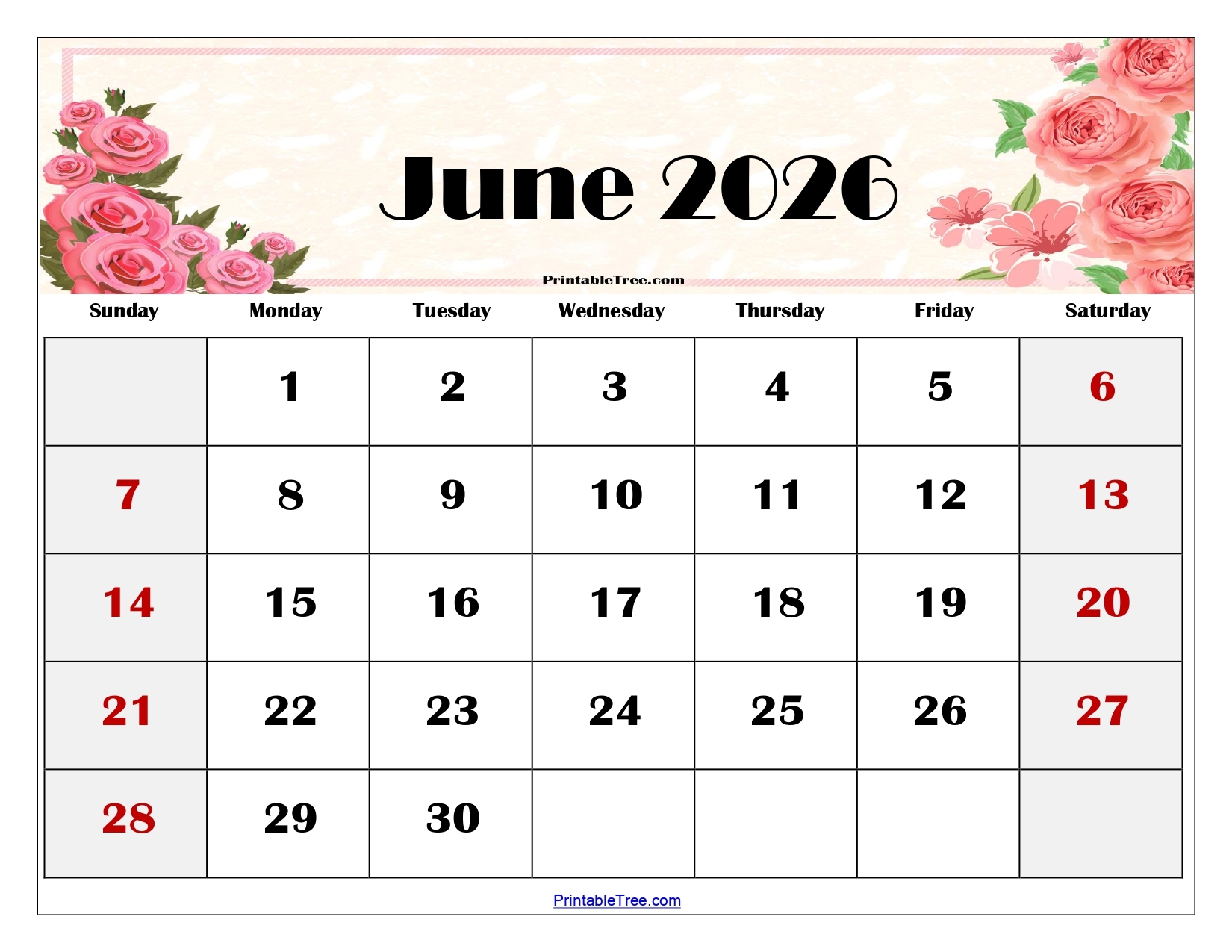 Blank June 2026 Calendar Printable Pdf