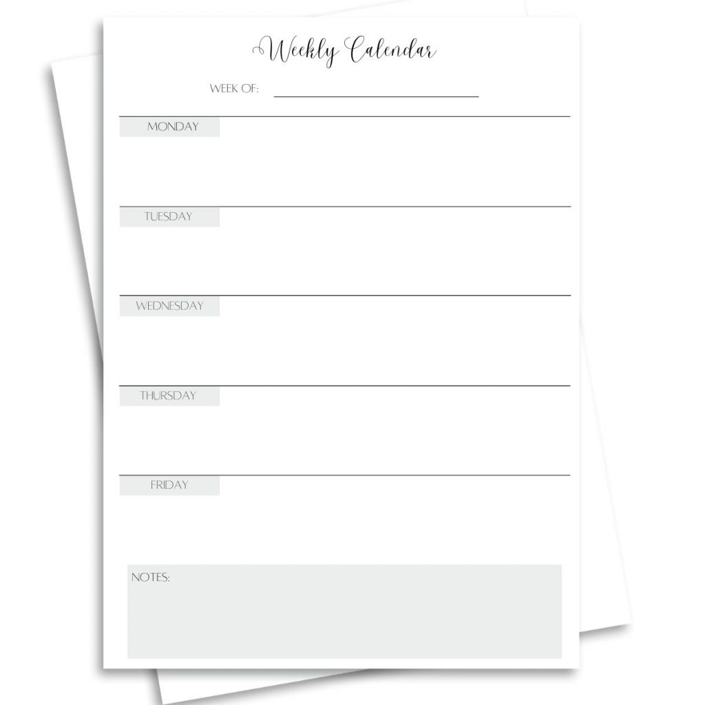 Monday Through Friday Printable Calendar