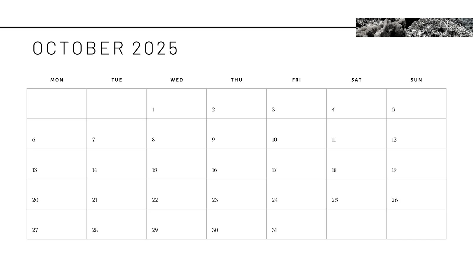 Printable Black And White Calendar October 2025