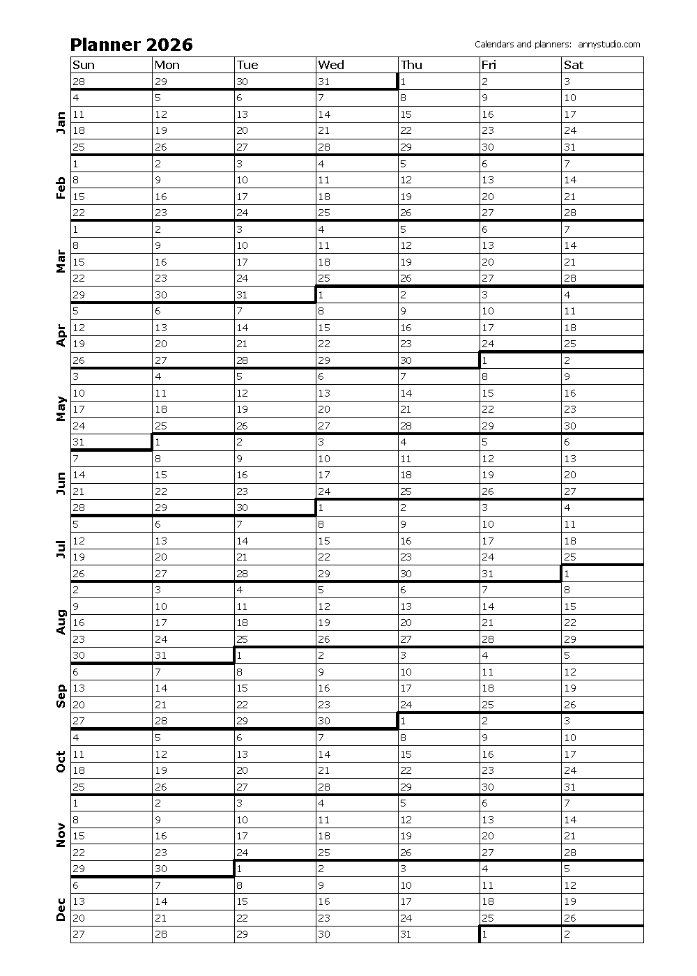 Blank Monthly Calendar 2026 Printable Free