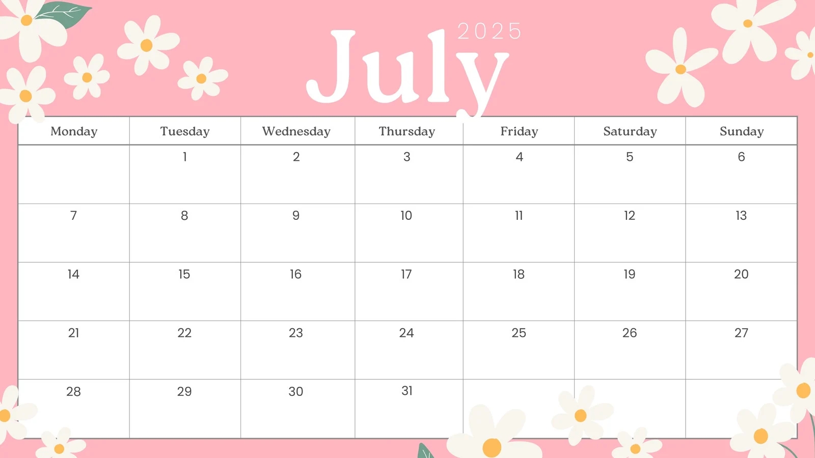 Calendar Printable 2025 July