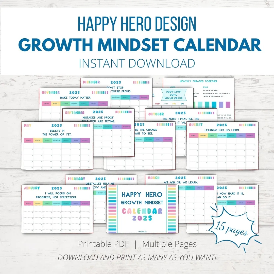 Growth Mindset Calendar 2025 Kid Calendar Digital Download Ready To Print Calendar Social Emotional Learning Self Love Colored Etsy