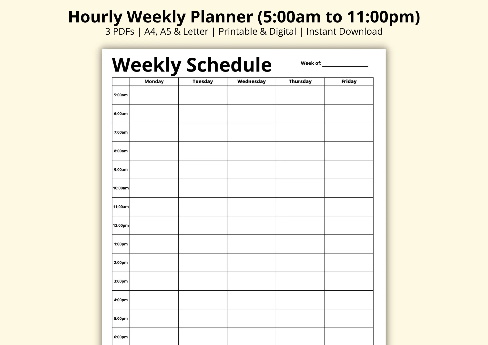 Five Day Weekly Calendar Template Printable