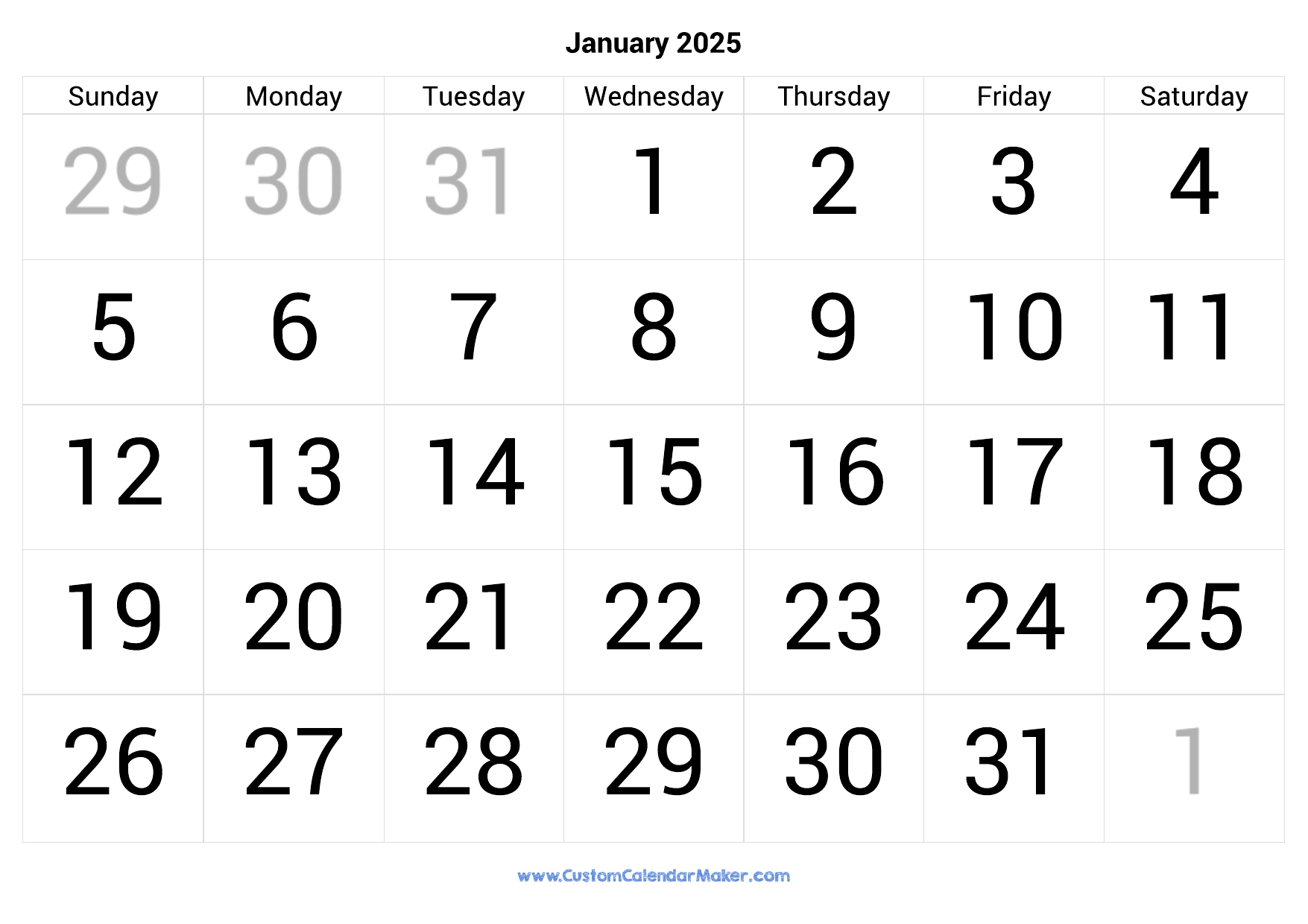 January 2025 Calendar Printable With Large Numbers Custom Calendar Maker January 2025 Calendar Printable With Large Numbers Custom Calendar Maker