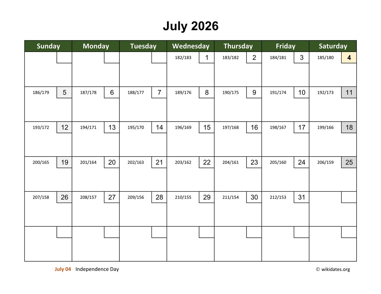 july 2026 calendar with day numbers wikidates