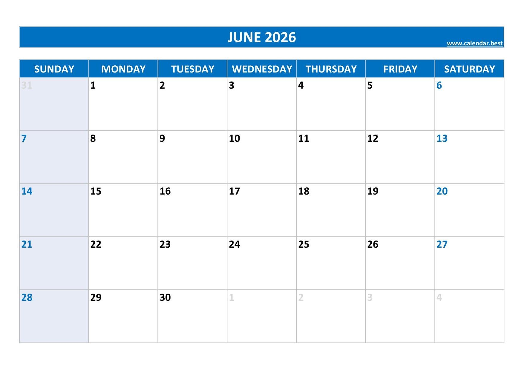 Calendar Template June 2026 Printable