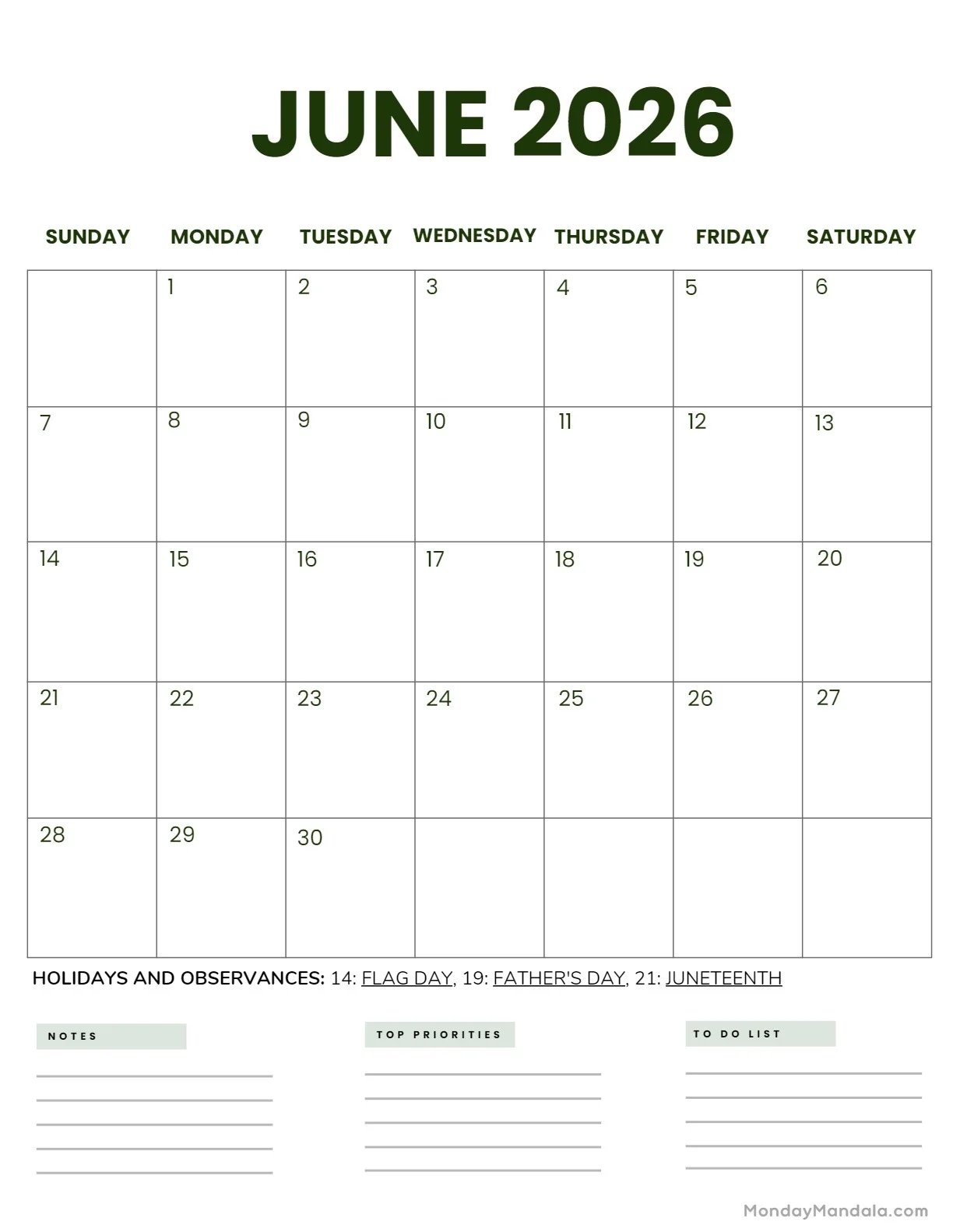 Editable Printable Calendar 2026 June