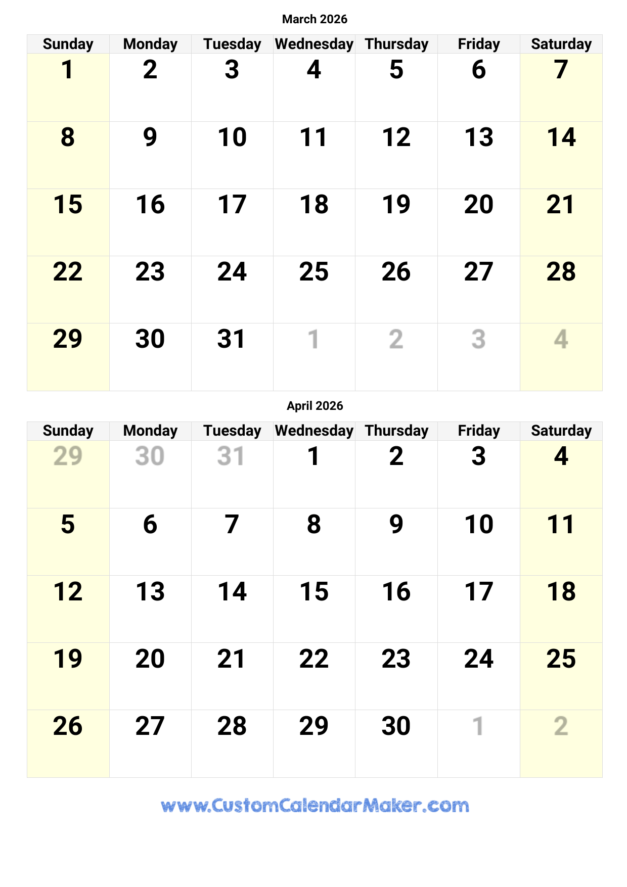 March And April 2026 Calendar Custom Calendar Maker