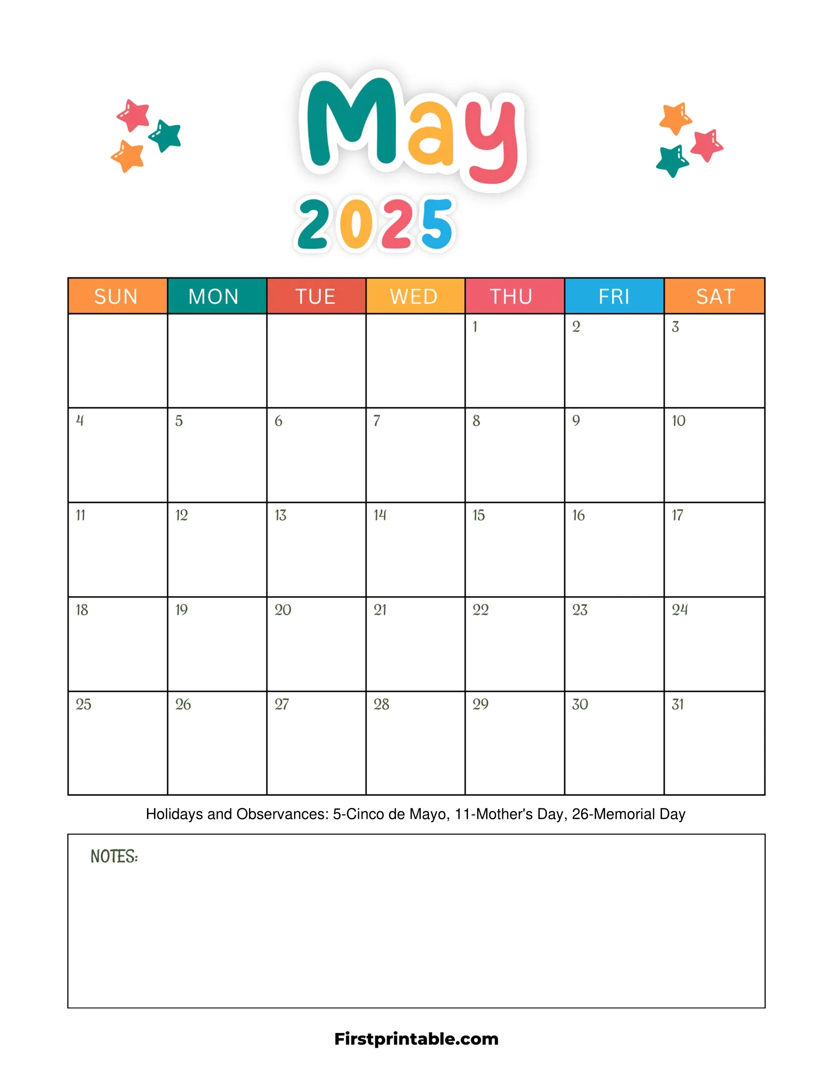 Free Kids Printable Calendar 2025
