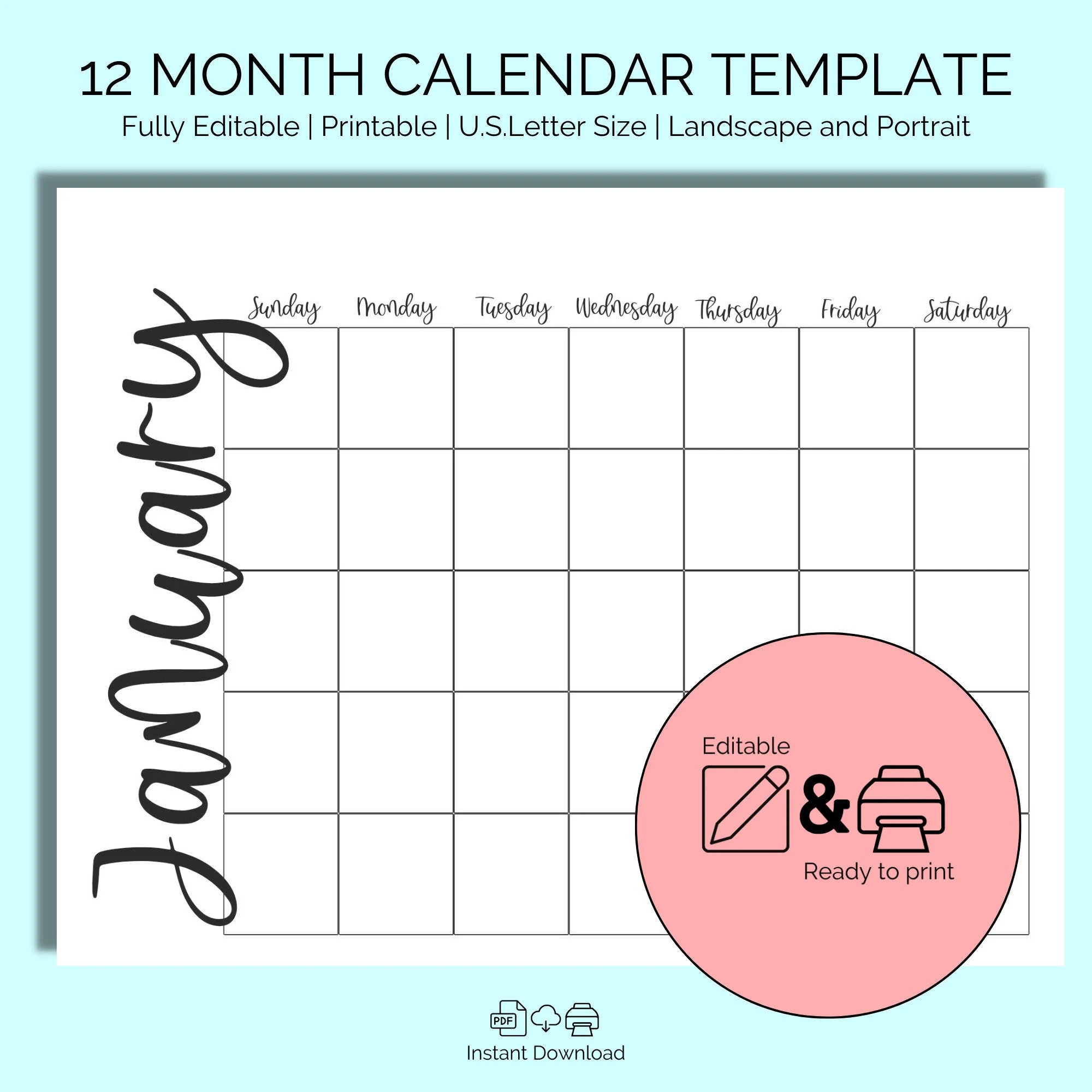 monthly blank calendar template editable 12 month blank calendars undated instant download printable editable etsy