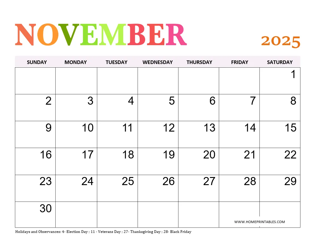 November 2025 Calendar Printable Pdf