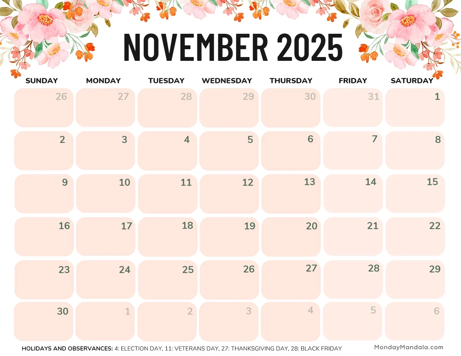 Calendar For November 2025 Printable