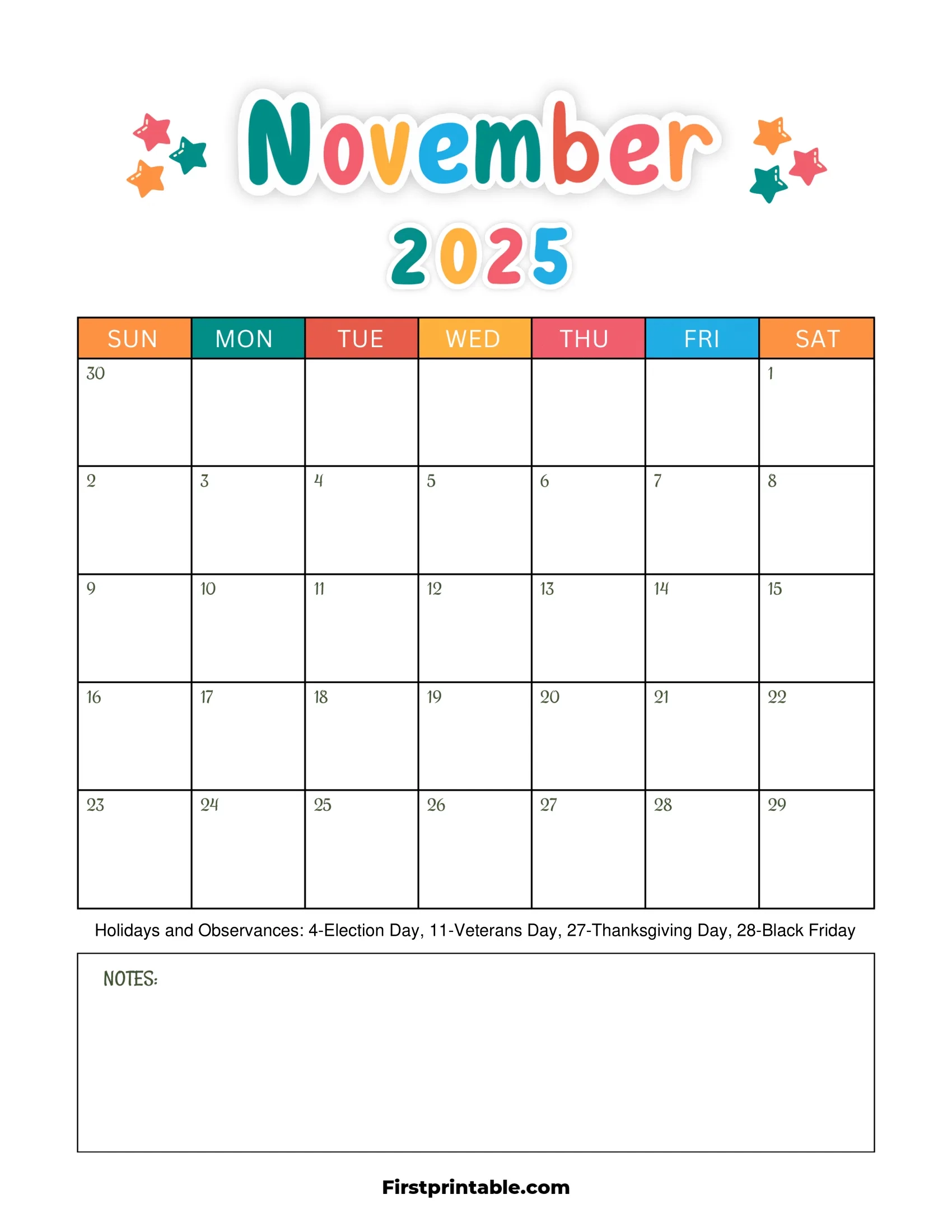 November 2025 Calendars Free Printable Fillable November 2025 Calendars Free Printable Fillable