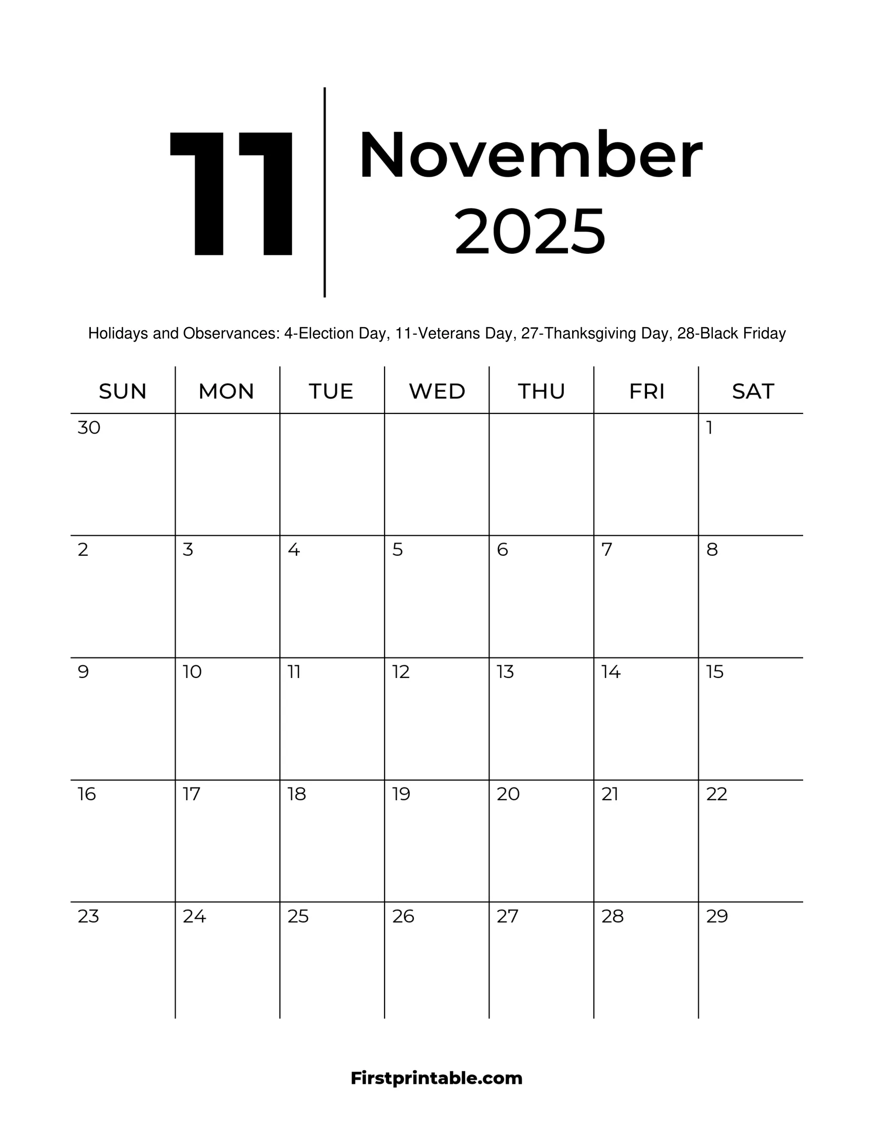 November 2025 Calendar Printable Full Page