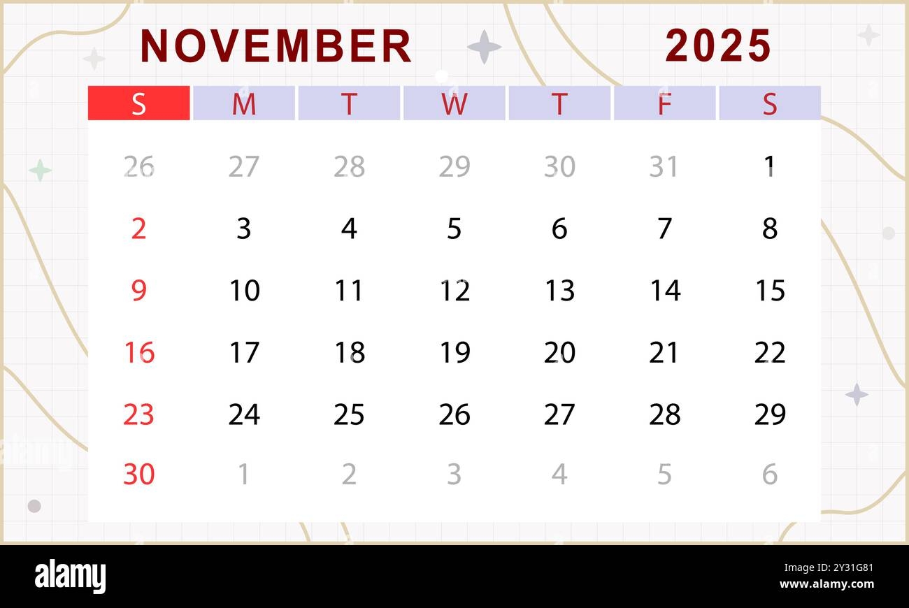 november 2025 monthly calendar cute calendar template sunday start vector design stock vector image art alamy