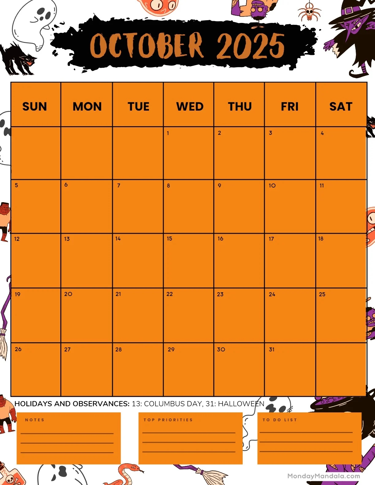 Printable Halloween October 2025 Calendar Free